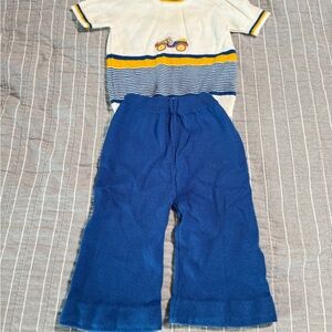 Vintage 80s Knit White and Blue Striped Baby Outfit